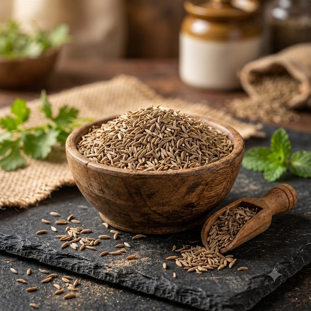 Cumin seeds in a wooden bowl
