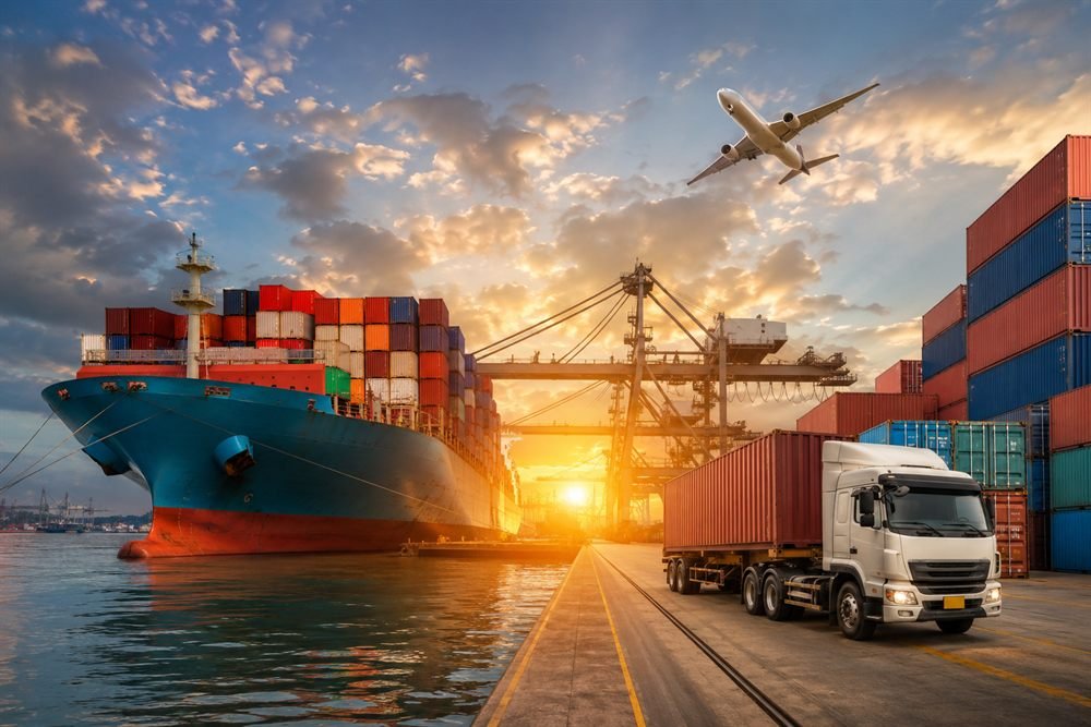 Container ship and cargo at port