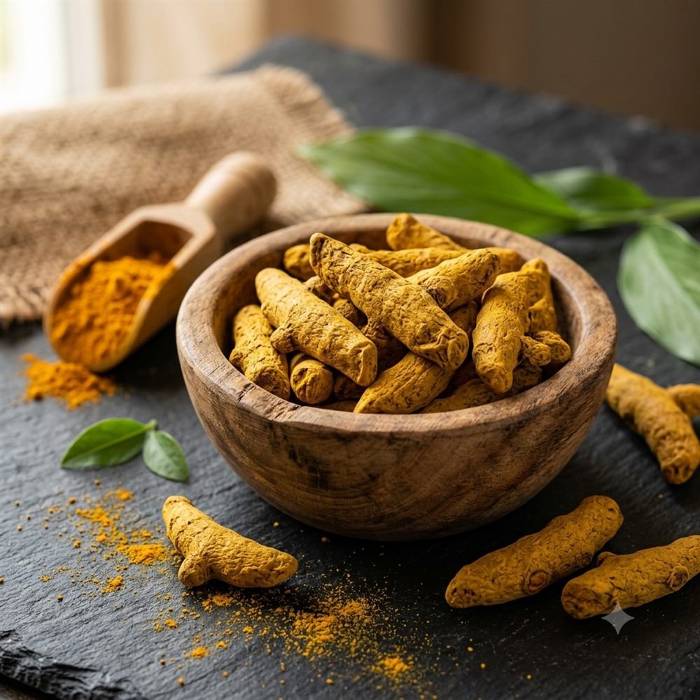 Turmeric fingers in a wooden bowl